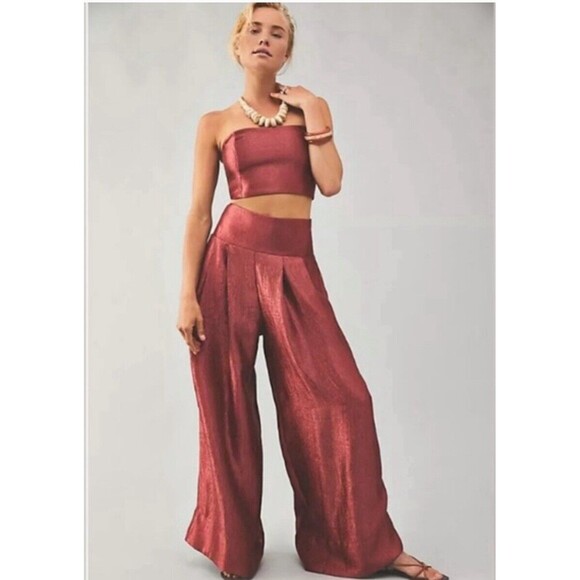 Free People Red Wide Leg Palazzo PANTS - Picture 1 of 10